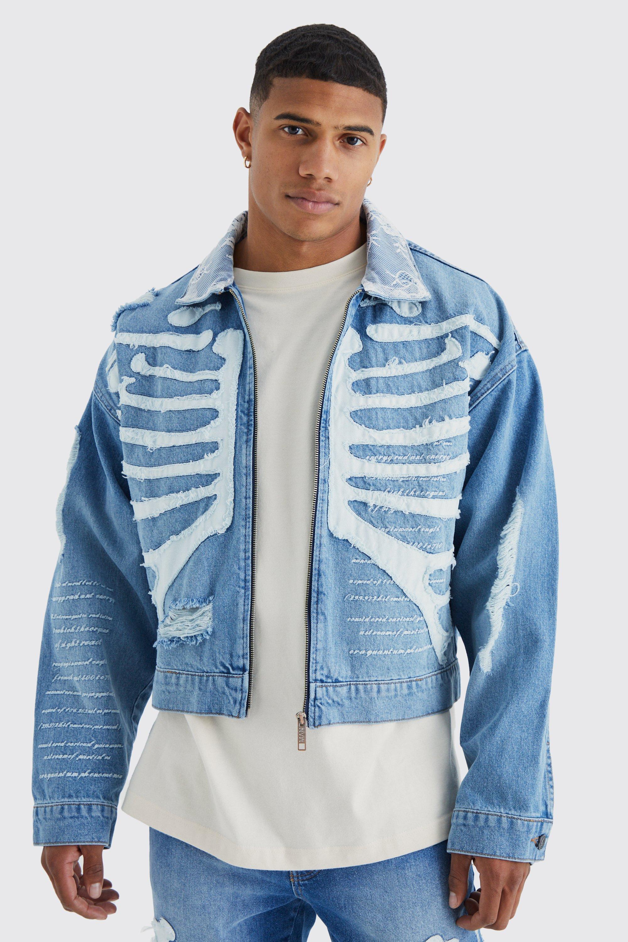 Boxy Skeleton Applique Denim Jacket | boohooMAN USA